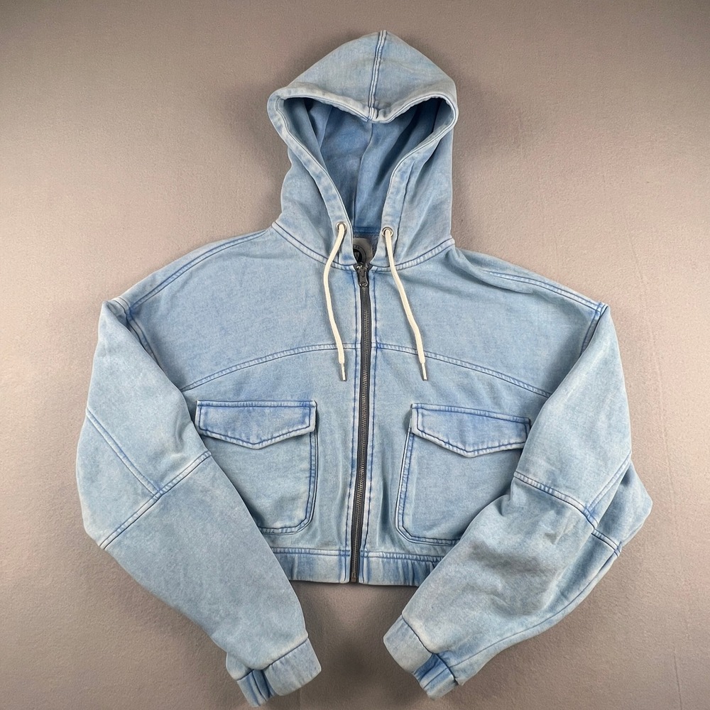 Urban Outfitters Cropped Streetwear Hoodie L Blue Acid Wash Utility Pockets Y2K